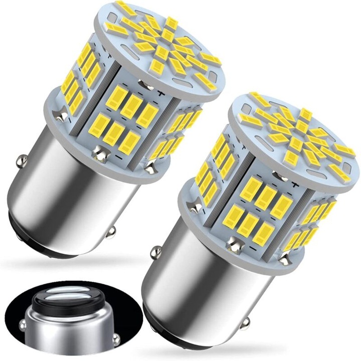2 darabos szett, 1157 (Bay15d) P21/5W LED izzó, 12-24V, 6000K hideg fehér, 54x3014 SMD, 5W (45W halogénnel egyenértékű)