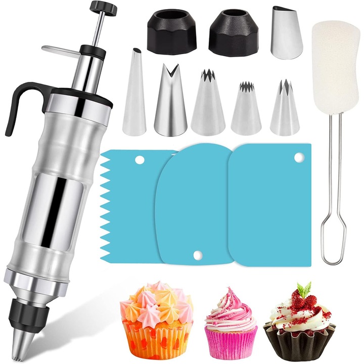 Set 13 cofetarie/patiserie, Axroad Mall, Material din inox, 6 modeluri de duze de decorat torturi, 2 tipuri de cuplaje, 3 raclete, Burete de curatat, reutilizabile, pentru decorarea torturilor sau deserturilor, argintie