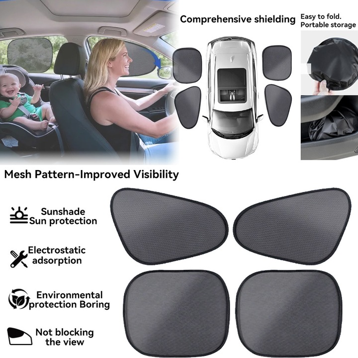 Set parasolar General Motors (4 piese), Fain Mioritic®, Versiunea semitransparenta ofera un camp vizual mai bun, Aderenta electrostatica, Protectie UV, Potrivit pentru geamurile laterale si spate, Perfect pentru naveta zilnica, masini de familie
