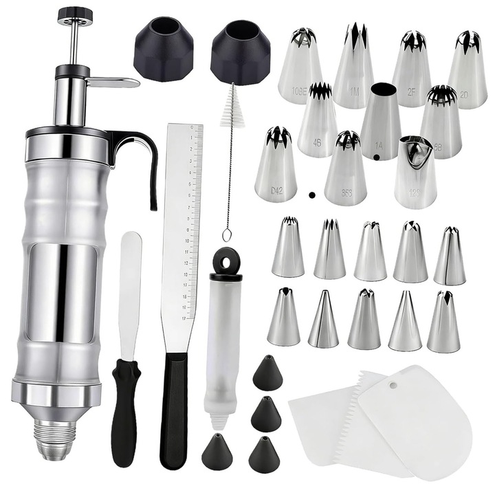 Set 34 cofetarie/patiserie, Axroad Mall, 24 modeluri de duze de decorat torturi, 2 tipuri de cuplaje, 5 spatule si razuitoare, Cleaning Brush, reutilizabile, pentru decorarea torturilor sau deserturilor, prietenos cu incepatorii, argintie