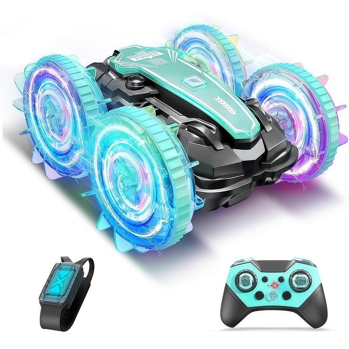 Távirányítós RC autó gyerekeknek, kaszkadőr, vízálló, 4WD, 360 fokban forgó drift, színes LED, gyors, rádióvezérlésű, 2,4 GHz, zöld
