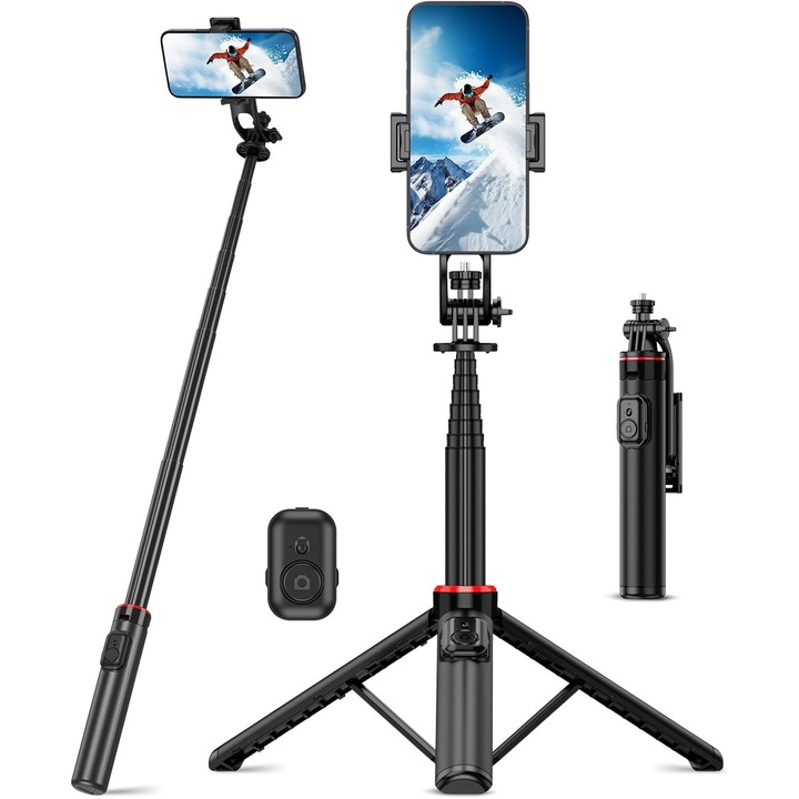 Selfie bot állvány telefonhoz, 130 cm-es kihúzható integrált alumínium állvány, okostelefonokhoz alkalmas, hordozható állvány, vezeték nélküli távirányítóval, kompatibilis iPhone / Samsung / Android telefonokkal