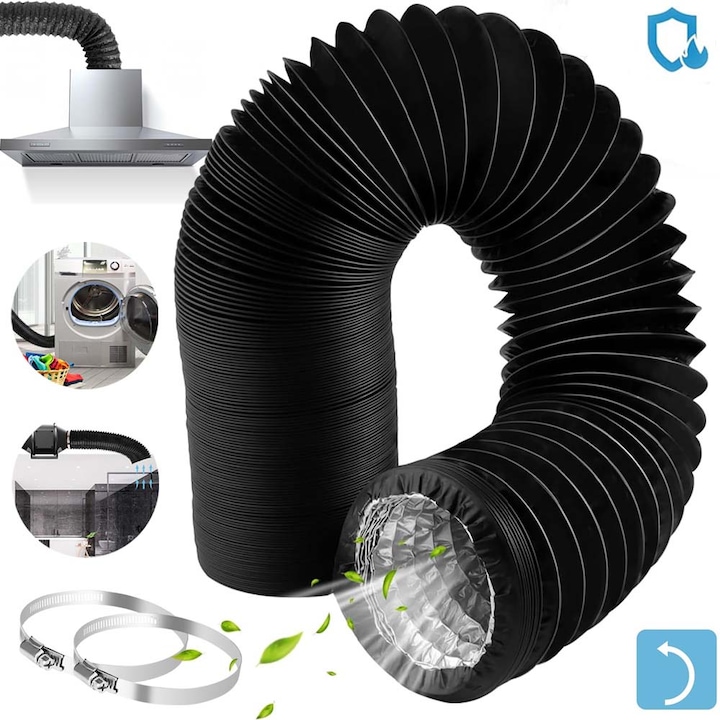 Tub Ventilatie, Flexibil, 100 mm, 2.5 m.PVC si Aluminiu, cu 2 Coliere Inox.Impermeabil, Zgomot redus, durabil.Rezistent la lumina si ignifug, -30℃ -80℃.Potrivit pentru bucatarii, bai, sere, camere de crestere si sisteme de ventilatie.Etansare buna, Negru