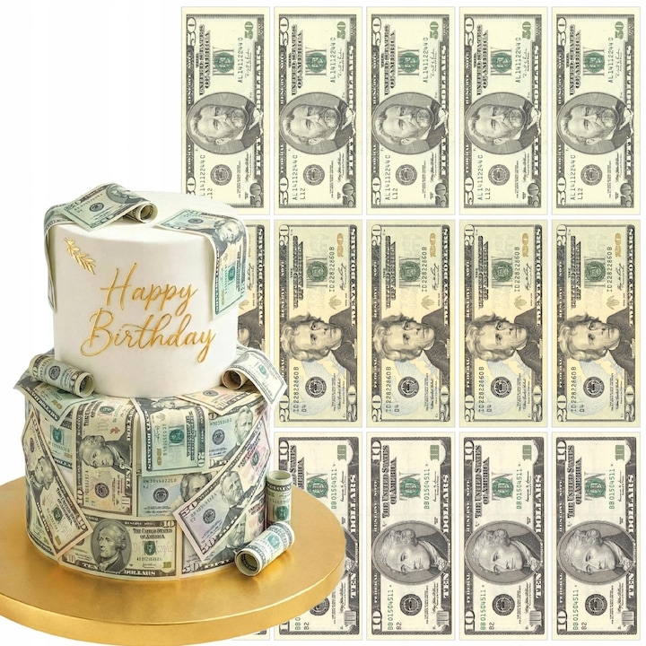Set 15 bancnote wafloase dolari, decorare tort, 9x4cm, WORLD CASE