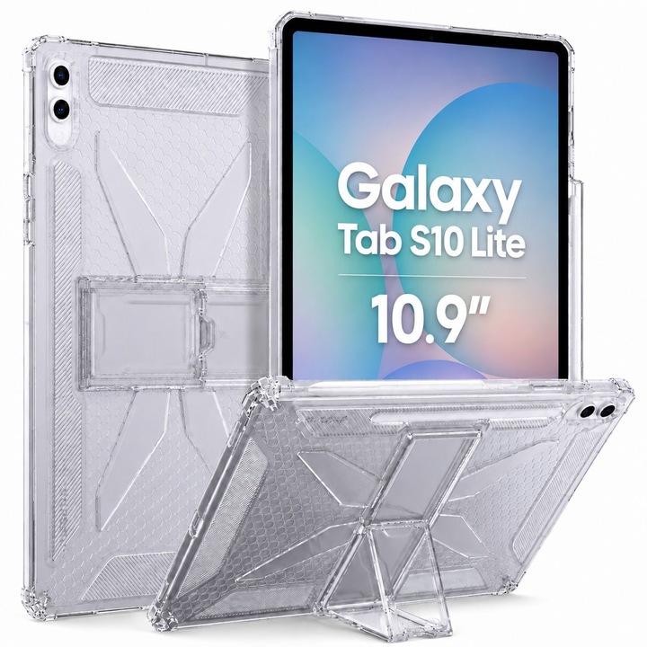 Husa protectie tableta pentru Samsung Galaxy Tab S10 Lite S10 FE S9 S9 FE, 10.9 inch, Silicon Antisoc, Colturi Intarite, Suport Stylus, Protectie Camera si Ecran, Transparent