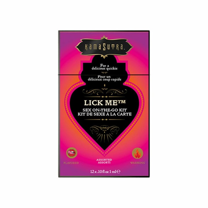 Kama Sutra Sex To Go Lick Me szett - 12 tasak síkosító és masszázsolaj, 36 ml, különböző ízek