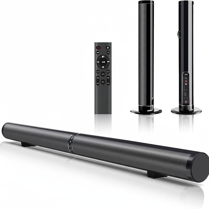 Boxa soundbar detasabila pentru televizor, sistem audio home theater Bluetooth 5.0 cu 3 moduri de amplasare, design cu montare pe perete sau turn, HDMI ARC, optic, coaxial, AUX, USB si telecomanda, WALALLA