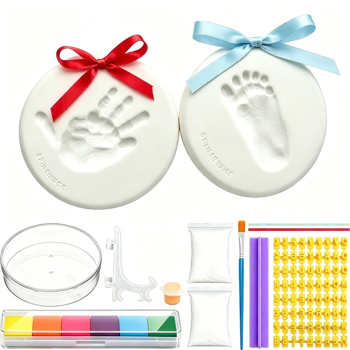 Kit amprenta mulaj manuta sau piciorus bebe, Rqiurpn, Contine lut, matrite, Panglici, Suporturi, Stampile, Vopsele, Pensule, Material sigur, Comemorare Nastere/Implinire 1 Luna/100 Zile Bebelus