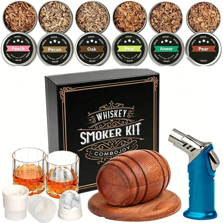 Füstölt whiskey készlet fáklyával, 6 ízesített faforgács, koktél infúzió, minőségi kiegészítők, férfiaknak