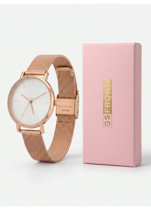 Ceas de dama cu quartz GSFRQWH – bratara aurie, cadran alb, cadou de sarbatori