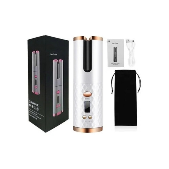 Automata kerámia hajgöndörítő, 1 hüvelykes, vezeték nélküli, fehér, USB töltővel, dobozzal