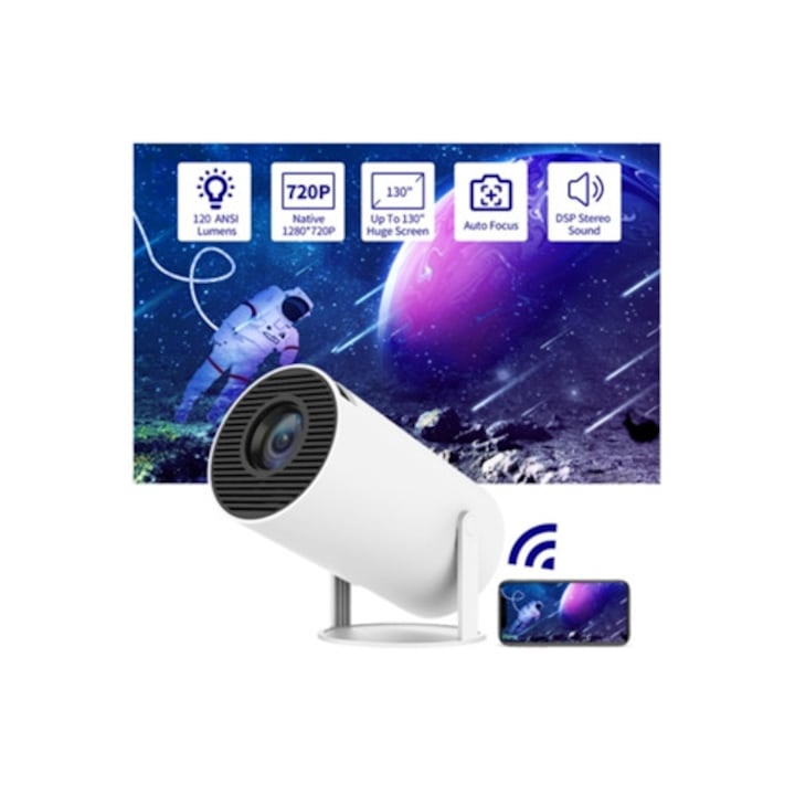 Videoproiector Mini Inteligent 4k, 10 000 Lumeni, 40x130 inch, Rotatie 270 grade