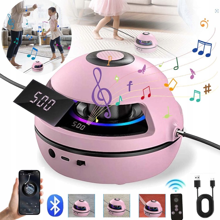 Intelligens automata ugrókötél gép, távirányító, Bluetooth 5.1 és beépített hangszóró, LED, 1-10 sebességfokozatú vezérléssel, 1500mAh, 2 kötél, Zenét is lejátszhat, 1 USB adatkábel, vezeték nélküli edző otthoni fitneszhez, gyerekeknek és felnőtteknek