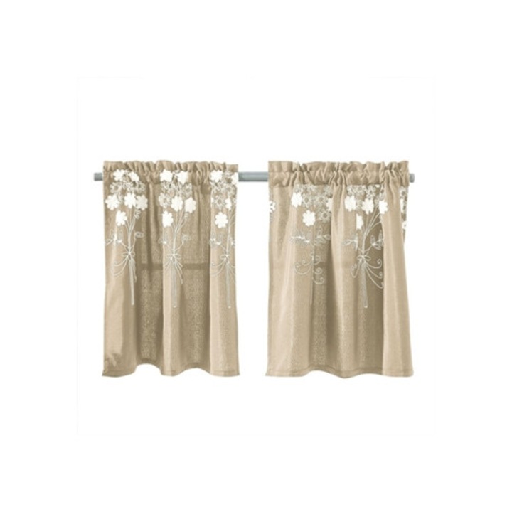 Perdea scurta cu broderie florala, albastra, pentru fereastra, decorare dormitor, sala si bucatarie