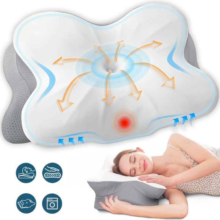 Perna Ortopedica Cervicala pentru dormit, Spuma cu Memorie ergonomica pentru Gat si Suport Cervical, Moale si ferma in acelasi timp, 2 Zone de Confort, Husa lavabila, Material Hipoalergenic, Ideal pentru Dormit, Ajuta la Spondiloza Cervicala, 62x36 cm