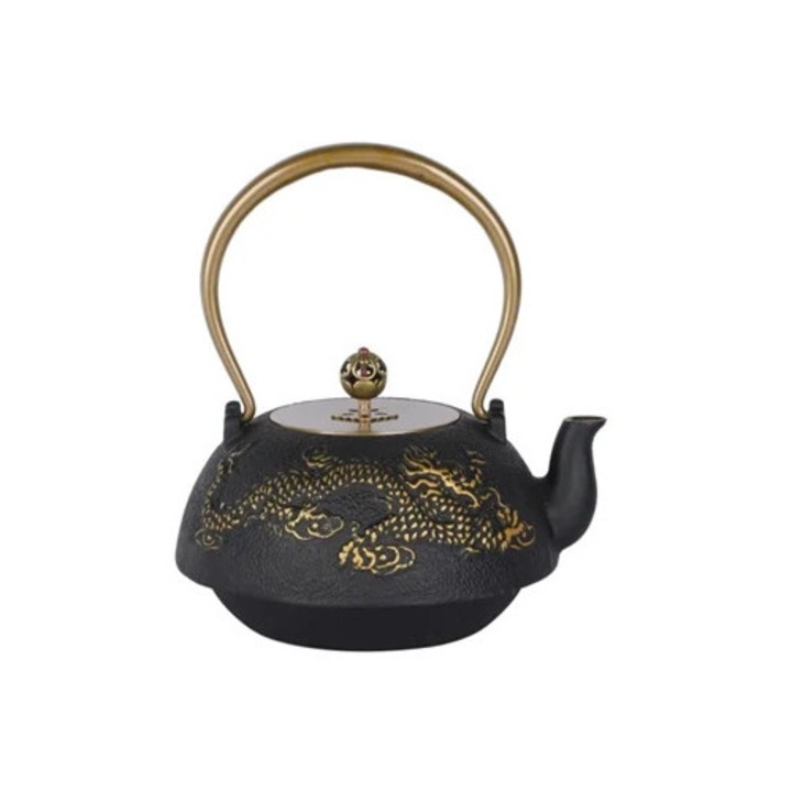 Mini öntöttvas teáskanna, 1,2l, két sárkányos design, fogantyúval