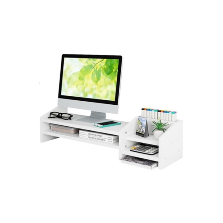 Suport monitor birou cu raft depozitare, inaltat, negru