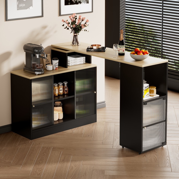 Masa de bar extensibilă, Sweiko, neagră, cu depozitare mare, 2 colete