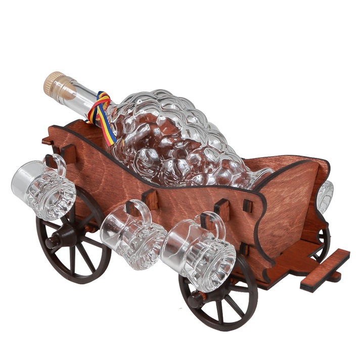 Set cadou artizanal servire, sticlă strugure 750 ml, suport lemn cu 6 pahare 25 ml, 36x20x19cm