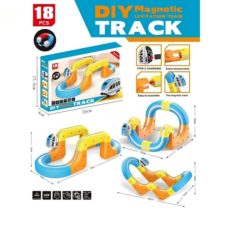 Sina de cale ferata interactiva, vagon de cale ferata cu levitatie magnetica DIY format din 18 piese, tren de asamblare antigravitationala pentru copii, jucarie de constructie educativa si versatila