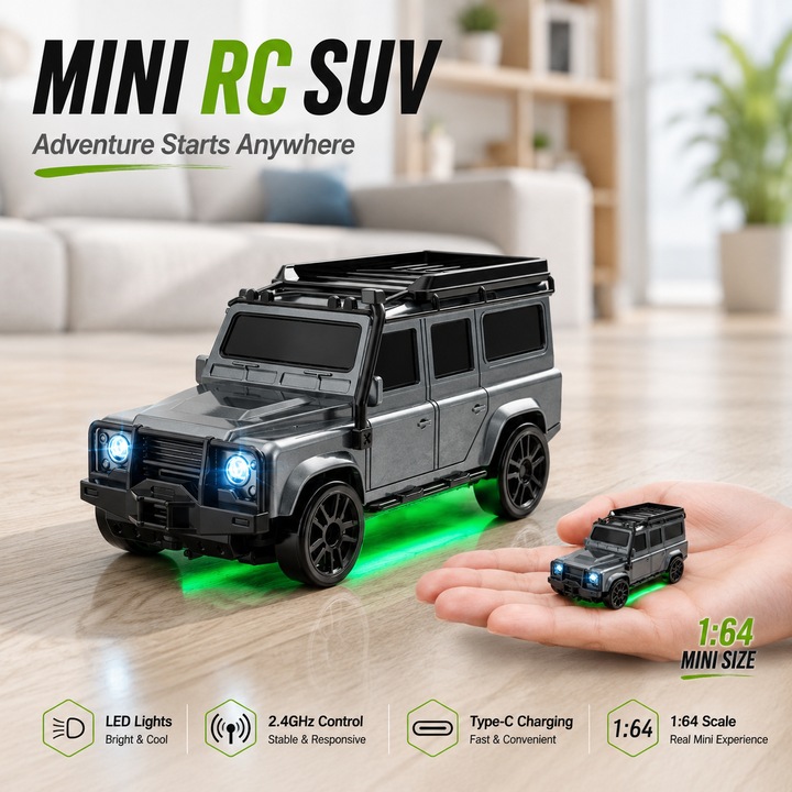 4WD távirányítós drift autó 1:64 méretarányban irodába, könnyű drift, 2 sebességfokozat, 2.4GHz, akkumulátor mellékelve, USB-C töltés, kék fények, gyerek ajándék, AA távirányító elemek nélkül