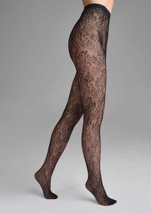 Dres tip plasa dama, Marilyn, Charly G002, cu ornament floral pe toata lungimea, plasa cu ochiuri medii 64, fara cusaturi, cu intarire invizibila la varf, Negru