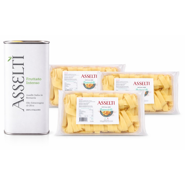 Set ASSELTI, Ulei de masline extravirgin 1L + 3 x Pappardelle 250g, multicolor