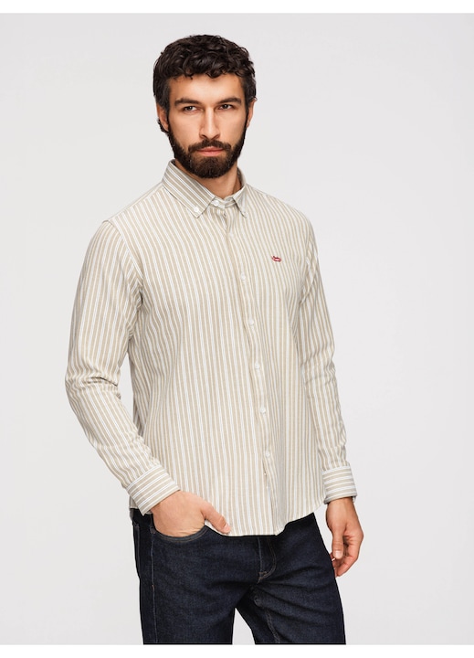 OMBRE Férfi ing, regular fit, 100% pamut, button-down gallérral és csíkos mintával, Bézs