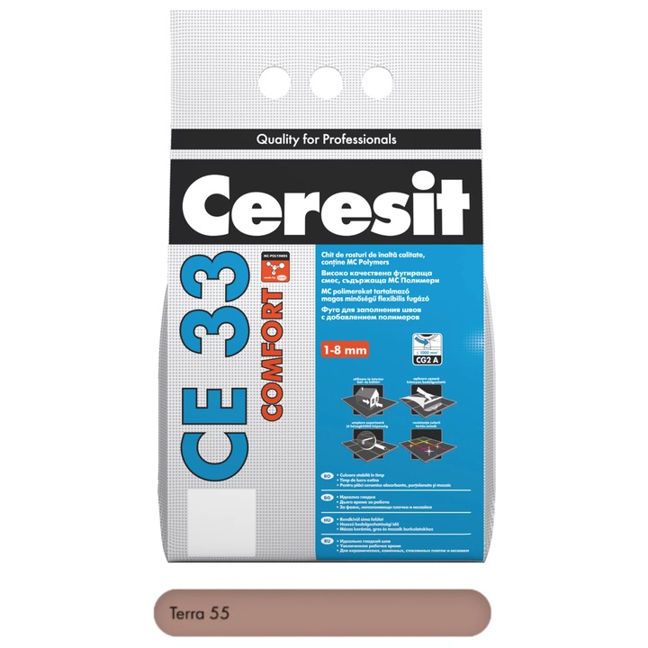 Chit de rosturi Terra 2 kg premium Ceresit CE 33 COMFORT, pentru rosturi intre 1 si 8 mm, cu aspect fin si aplicare usoara