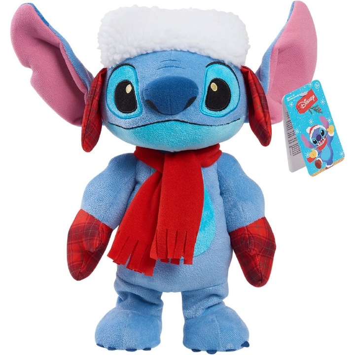 Jucarie de plus interactiva Disney Stitch, 35 cm, muzicala, costum de iarna, set cu baterii