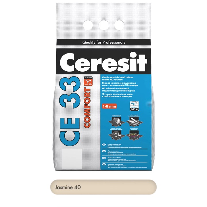 Фугасна смес Jasmine 2 кг премиум Ceresit CE 33 COMFORT, за фуги между 1 и 8 мм, с фин вид и лесно нанасяне