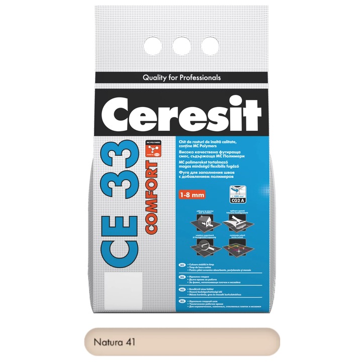 Chit de rosturi Natura 2 kg premium Ceresit CE 33 COMFORT, pentru rosturi intre 1 si 8 mm, cu aspect fin si aplicare usoara