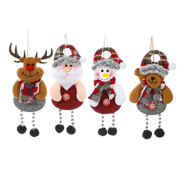 Set de 4 ornamente de brad de Craciun, Mos Craciun, om de zapada, ren, ursulet, decoratiuni suspendate pentru Craciun, iarna, sarbatori, decor pentru casa, articole pentru petreceri de Anul Nou
