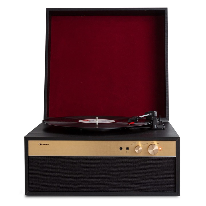 Player gramofon Auna Berklee TT Case, transmisie prin curea, 33 1/3-45-78 RPM, difuzoare stereo, dimensiuni 38x64x35, 5cm, corp din lemn