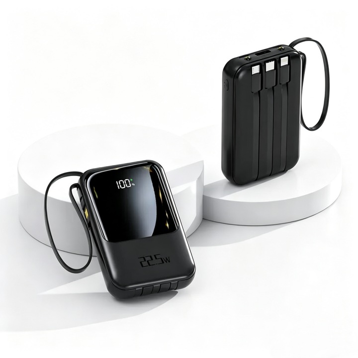 Hordozható akkumulátor, Reimungkot, 20000mAh, gyors töltés 22.5W, 4 beépített kábel, fekete, 10x10x2.5cm