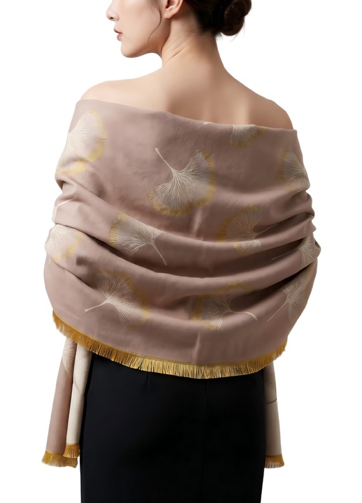 OLOEY® Női Sál Kaki Hosszú 180x65cm Arany Rojtok Ginkgo Levél Minta Elegáns