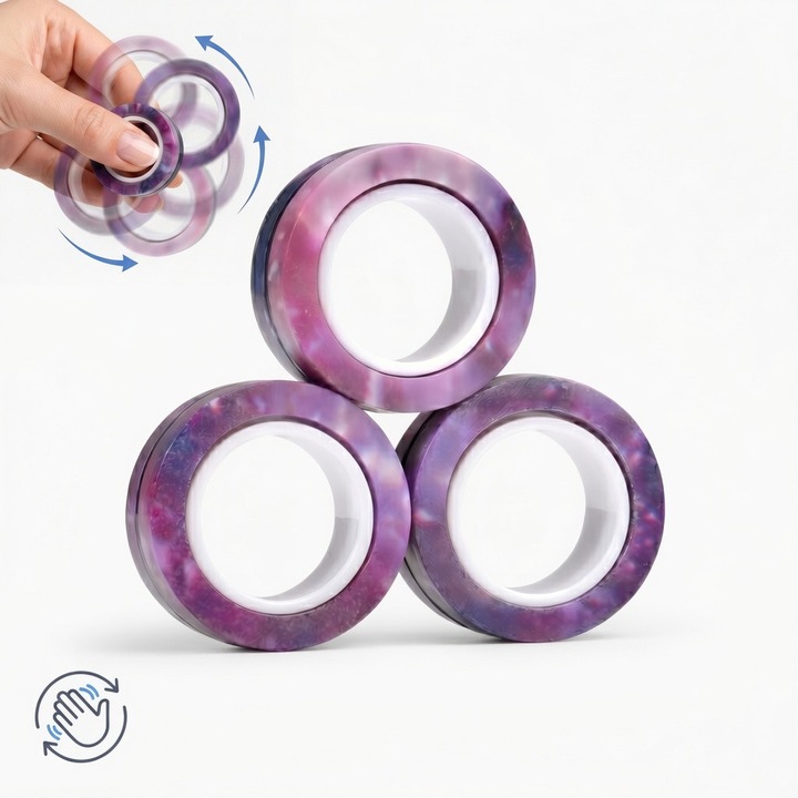Inel Fidget Spinner Magnetic OLOEY® - Rotire Lina, Model Cosmic Starry Sky Mov, Anti-Stres si Anxietate (3 buc.)