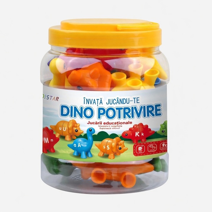 13 darabos dinoszaurusz betűillesztő készlet üvegben, OLOEY® - ABC oktatójáték, színek és számok