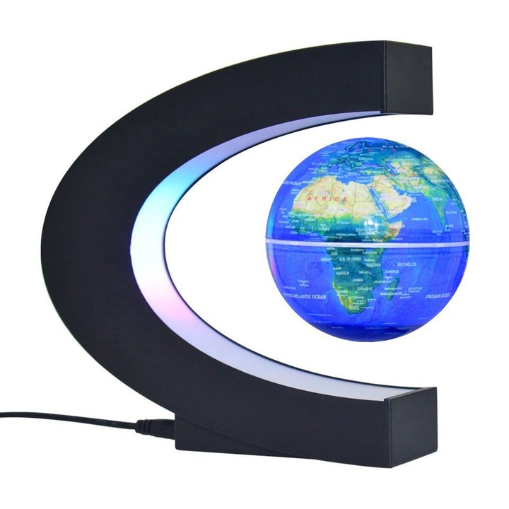 Glob levitant cu lumina, harta a lumii, dimensiune 8,5cm, set cu suport 17,5x5x17,5cm