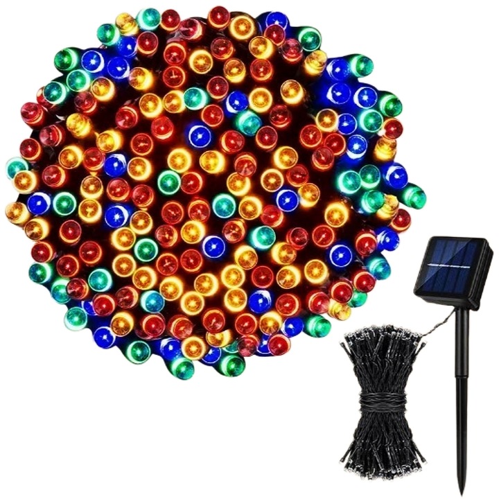 Соларен декоративен гирлянд 12м 100 LED, IP65, Многоцветен, Dissefa-tech с 8 режима на осветление за градина, двор, парти, празнична украса