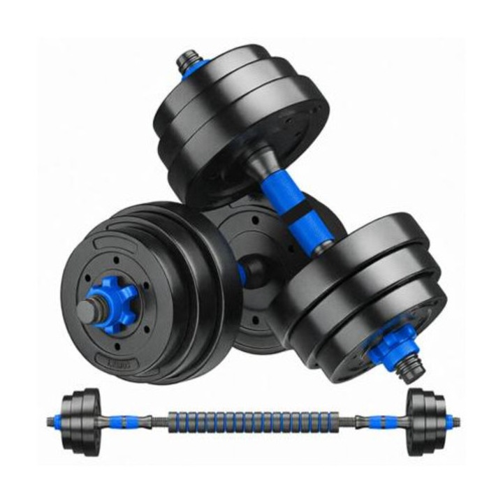Set gantere reglabile FitTronic® 20 kg, BG20, 2 gantere de 10 kg si bara de conectare inclusa, sigurante cu filet