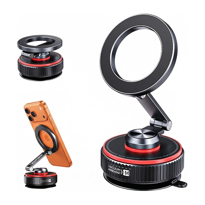 Kaylia univerzális autós telefontartó, MagSafe mágneses rögzítés - Erős vákuumos rögzítés, minden felületre rögzíthető, 360°-ban forgatható, összecsukható alumínium kar, mágneses gyűrű mellékelve, univerzális kompatibilitás, fekete-piros