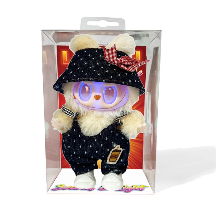 Jucărie de pluș The Monsters cu haine la modă 257050-3, cântă și luminează, 18cm, Galben cu pantaloni negri cu buline