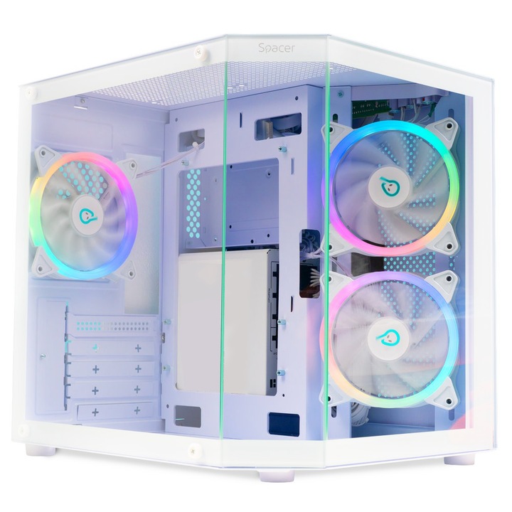Carcasa SPACER – gaming, Mini Tower, mATX, „AQUARIUM”, fara sursa, sticla securizata, 3 x ARGB fan, HUB, telecomanda, USB 3.0 x 1, USB Type-C x 1, HD-Audio, Jack 3.5mm x 1, PSU shroud, alb