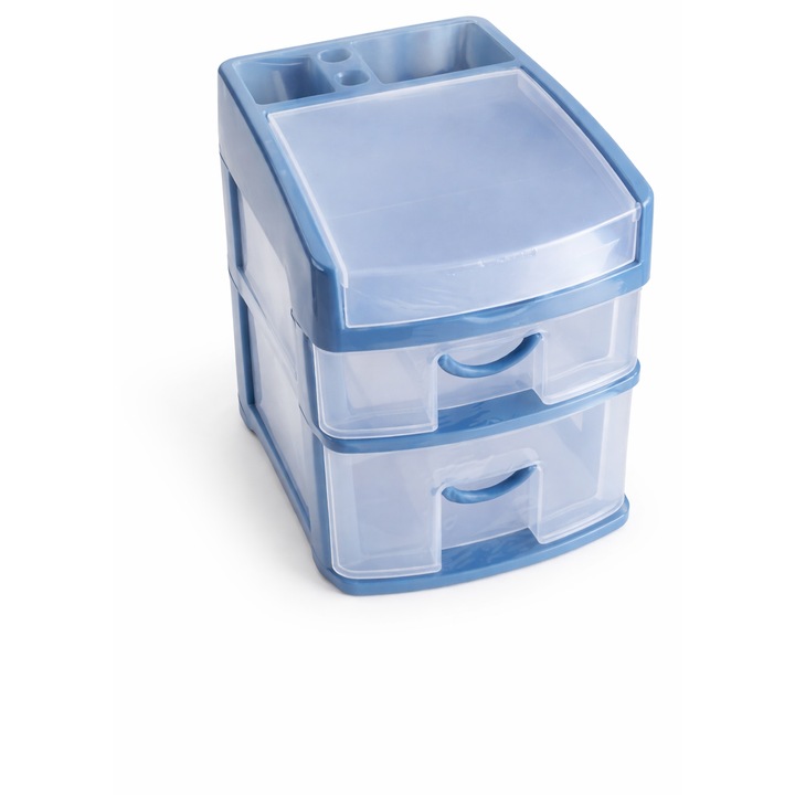 Ékszertartó doboz fiókokkal, 2 szintes, smink- és kiegészítő tároló, átlátszó/kék