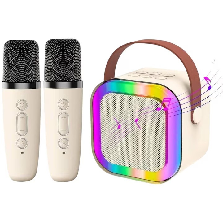 aLFTEC Karaoke szett, hordozható karaoke hangszóró 2 vezeték nélküli mikrofonnal, Bluetooth 5.0, RGB LED, hordozható hangszóró, gyerekeknek és felnőtteknek, krém