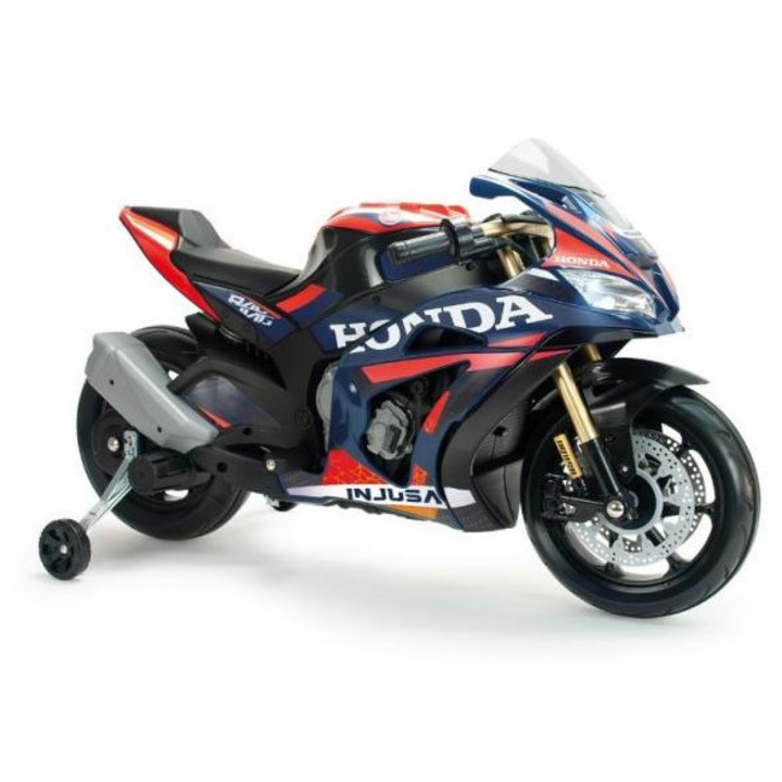 Motocicleta electrica pentru copii, Injusa, 12V, licenta Honda Competition, cu roti ajutatoare, design sport, 3-6 ani, max. 50 kg