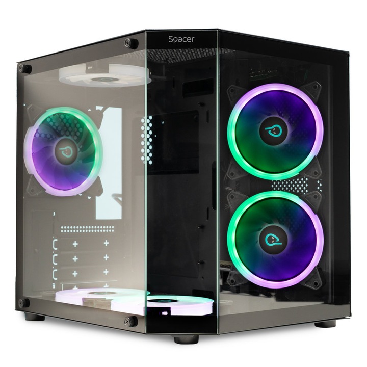 Carcasa SPACER – gaming, Mini Tower, mATX, „AQUARIUM”, fara sursa, sticla securizata, 6 x ARGB fan, HUB, telecomanda, USB 3.0 x 1, USB Type-C x 1, HD-Audio, Jack 3.5mm x 1, PSU shroud, negru