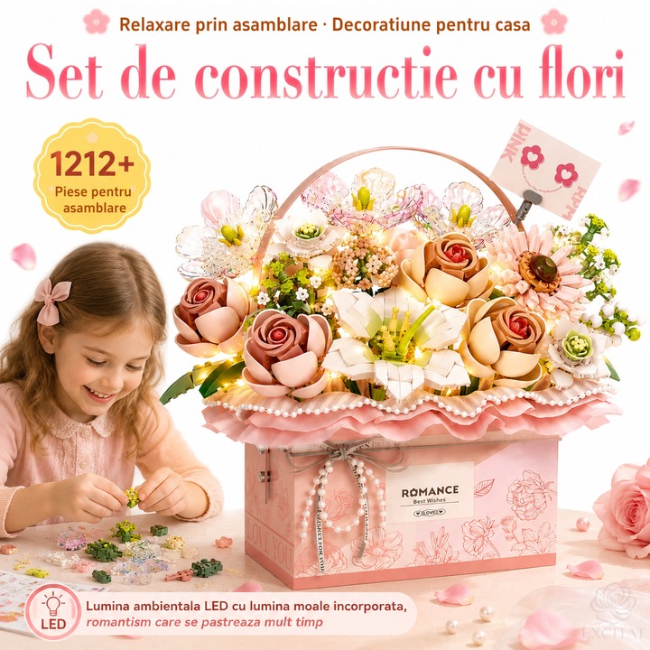 Virág építőszett, Világítással, 1212 darab, Excitat®, csokor hordozható kosárban, ajándékdoboz rózsákkal, Botanikai Gyűjtemény, Virágcsokor, elegáns ajándék barátnőnek vagy feleségnek, Illúzió rózsaszín