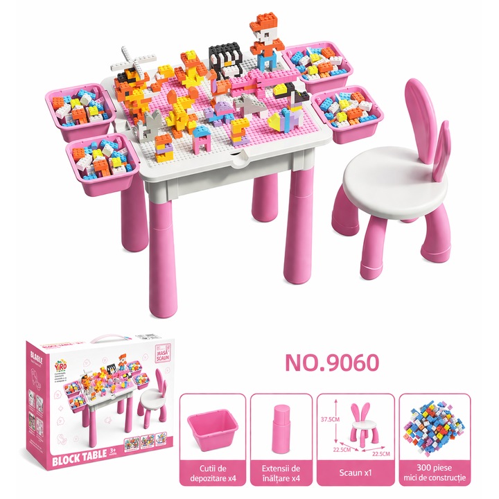 Masa copii 4 in 1 cu 300 piese compatibile Duplo, scaun inclus, joaca si studiu